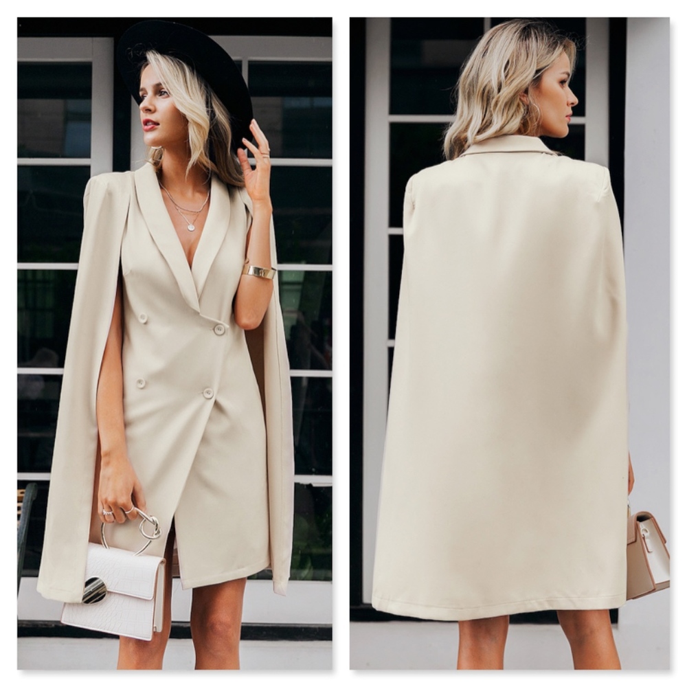 Beige Cape Double Breasted Office Dress - Picture 2 of 8